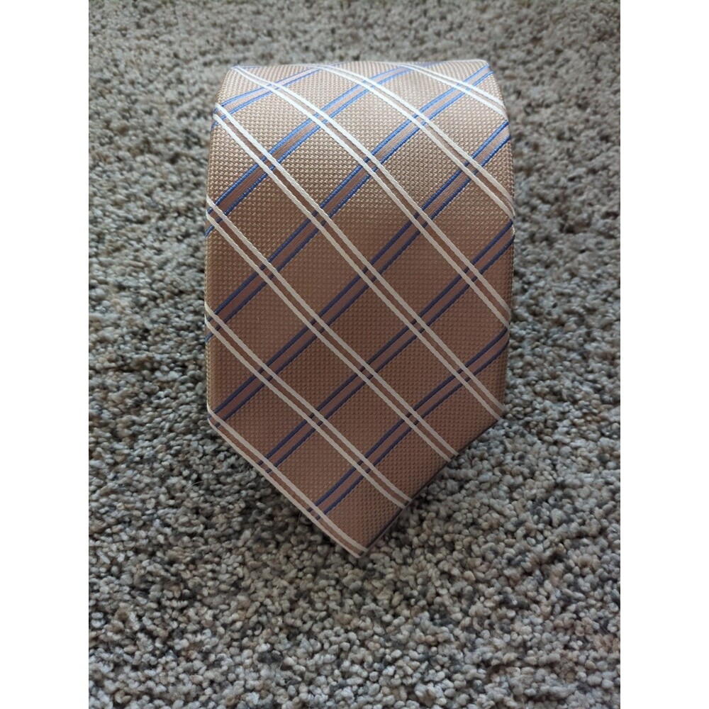 Jos A. Bank 100% Silk Handmade Beige Blue White Geometric Stripe Summer Preppy